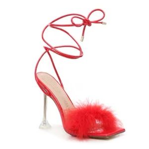 Azalea Wang Lace-Up Feather Sandals Warwick Wrap tie Stiletto High Clear Heels